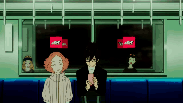a group of people are sitting on a train with a sign that says persona