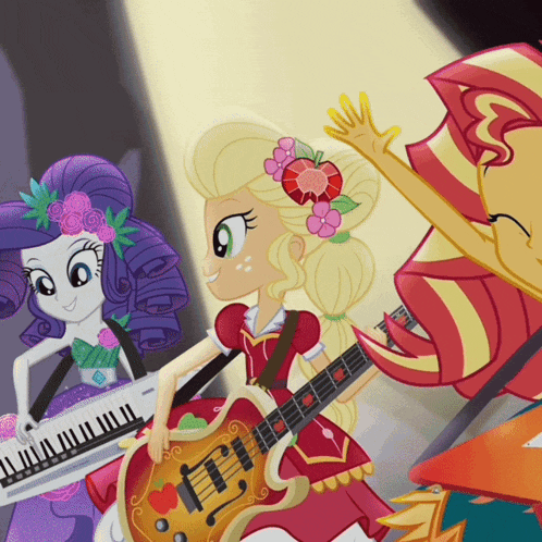 a cartoon of a girl playing a guitar and another girl playing a piano