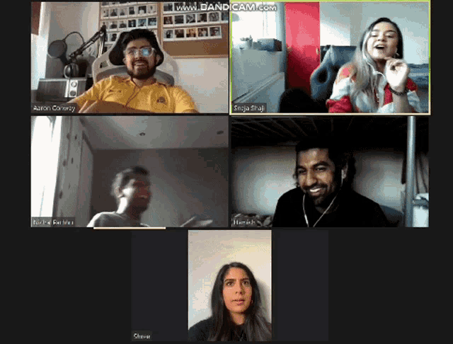 a group of people are on a video call and one of them is named aaron carlroy