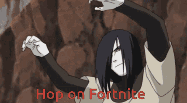 a cartoon character with the words hop on fortnite written below him