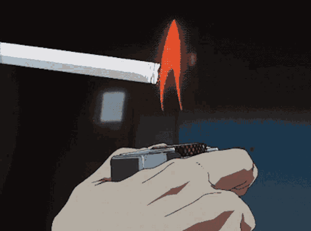 a pixelated image of a person lighting a cigarette