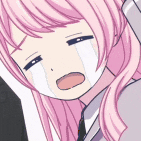 a pink haired anime girl is crying with tears running down her face