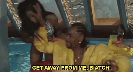 a woman is laying in a swimming pool with the words get away from me biatch written above her .