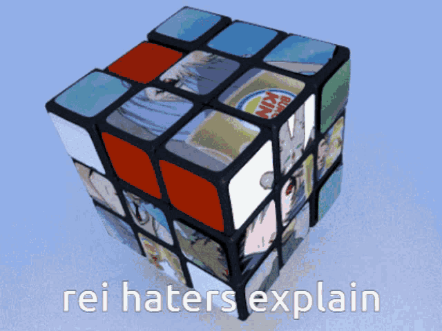 a rubik 's cube that says rei haters explain on the bottom