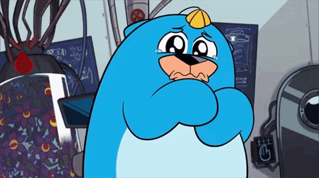 a cartoon character with a sad look on his face is standing in a room