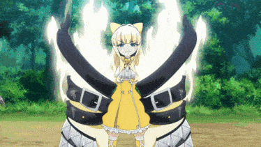 a girl in a yellow dress is standing in front of a black and white monster