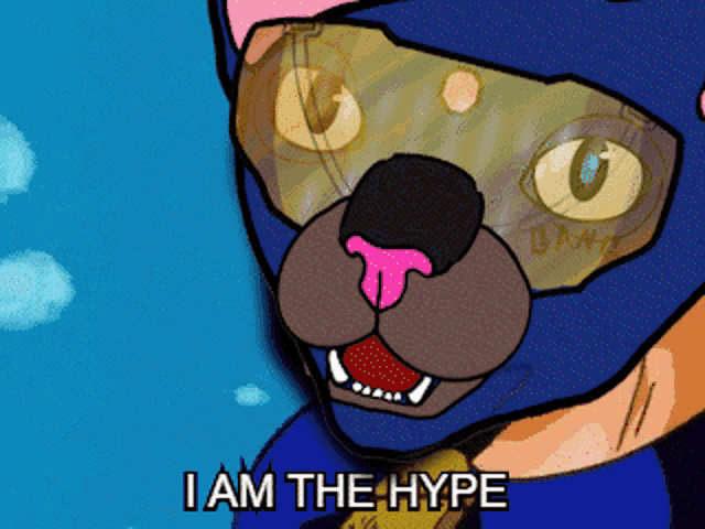a cartoon of a cat wearing a mask with the words i am the hype below it