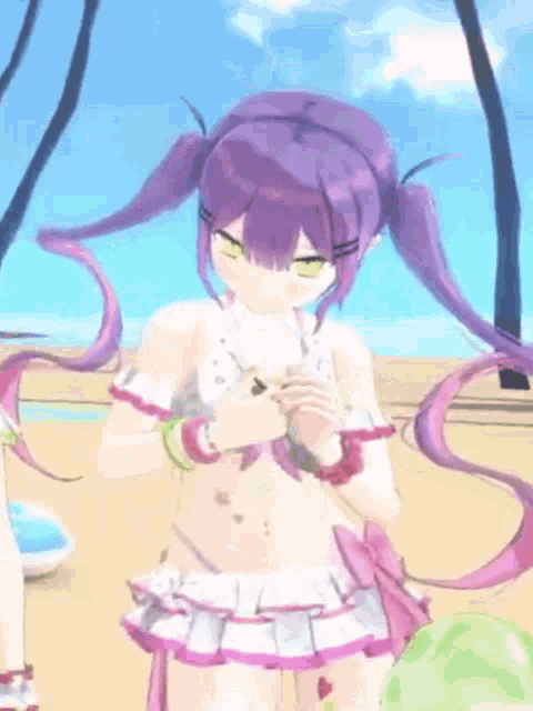 a purple haired anime girl in a bikini is standing on a beach holding something in her hands .
