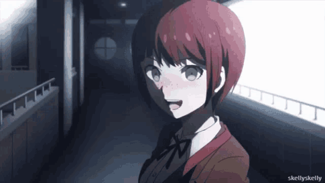 a girl with red hair is standing in a hallway with the name kellyskelly written on the bottom
