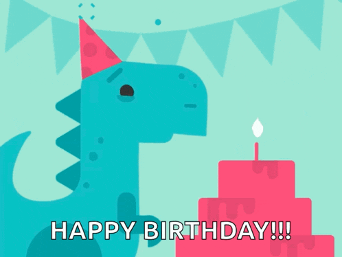 a dinosaur wearing a party hat is blowing out a candle on a birthday cake