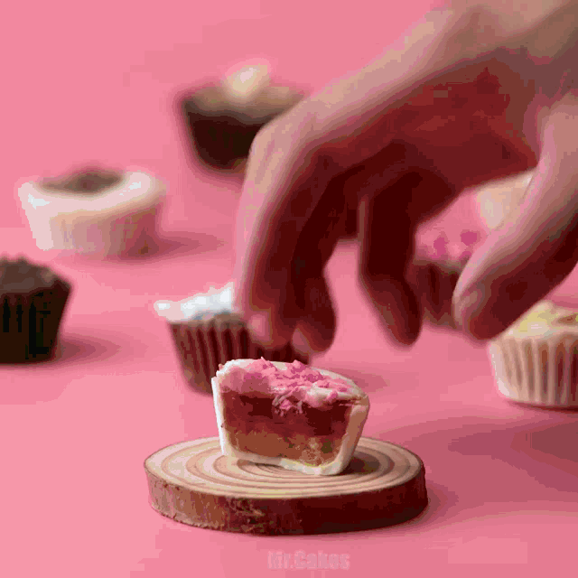 a person is putting a cupcake on a wooden stump with the word mr.cakes visible in the corner