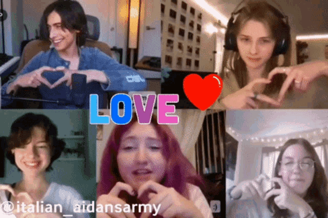 a collage of four girls making hearts with their hands with the word love in the center