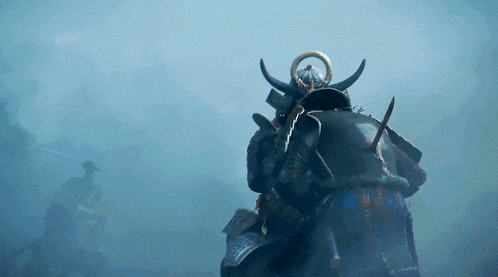 a samurai with horns and a helmet is walking through a foggy field