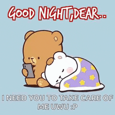 a cartoon of a teddy bear holding a cell phone next to another teddy bear laying in bed .