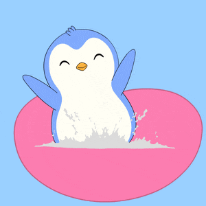a penguin is splashing in a pink heart with hearts flying around it