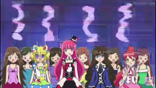 a group of anime girls standing next to each other with a purple background