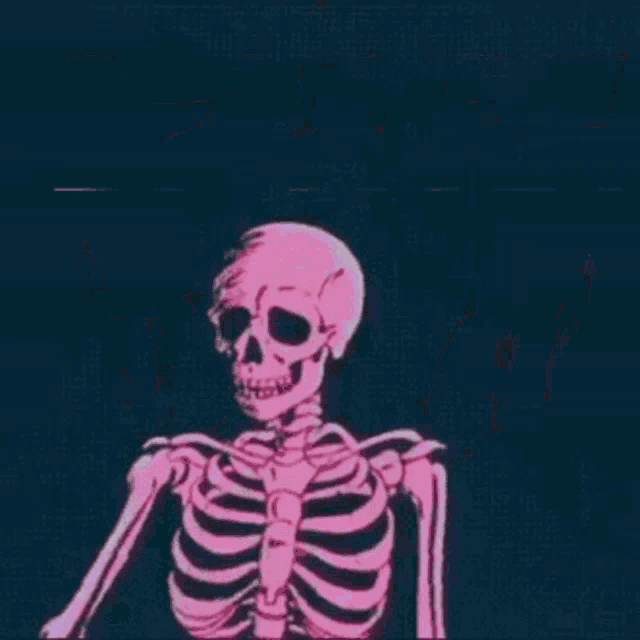 a pink skeleton is floating in the water with a glitch effect .