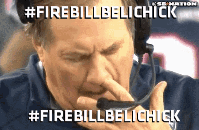 a man wearing a headset with the words #firebillbelichick written on it