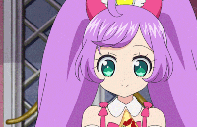 a girl with purple hair and green eyes is wearing a pink and white outfit