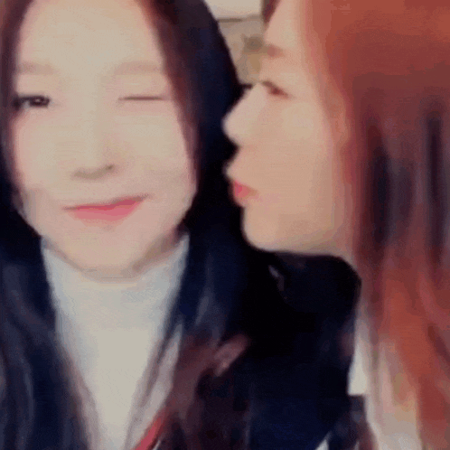 two girls are kissing each other on the cheek while looking at the camera .