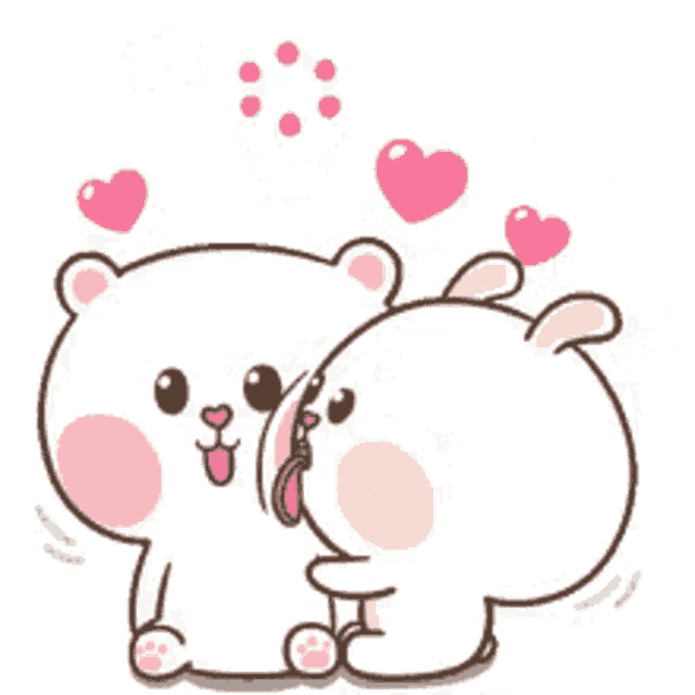 a cartoon of a bear and a rabbit kissing with pink hearts behind them .