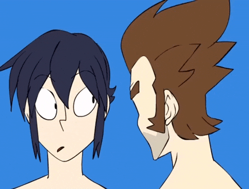 a cartoon drawing of a man and a woman looking at each other on a blue background