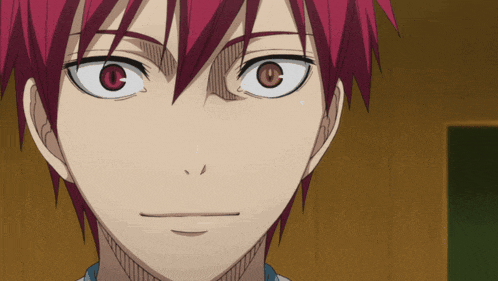 a close up of a person with red hair and white eyes