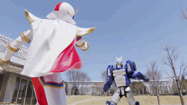 a robot is being attacked by a knight in a white cape