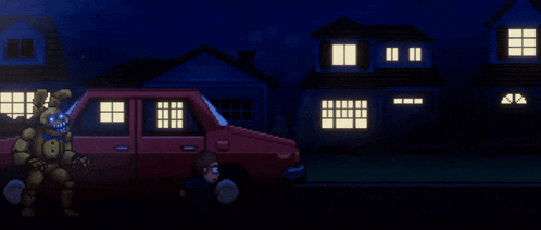 a pixel art of a bunny standing next to a red car