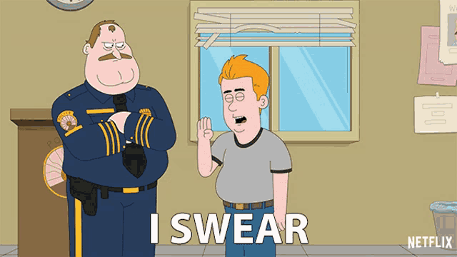 a cartoon of a police officer and a boy with the words " i swear " below them