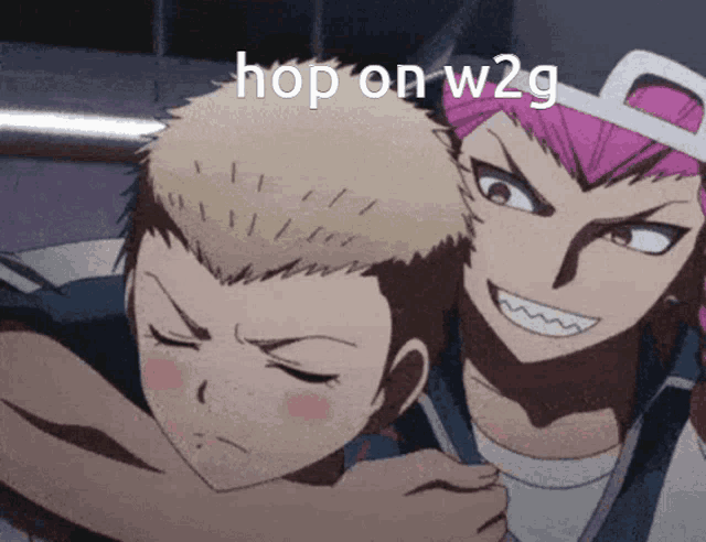 a couple of anime characters with the words hop on w2g