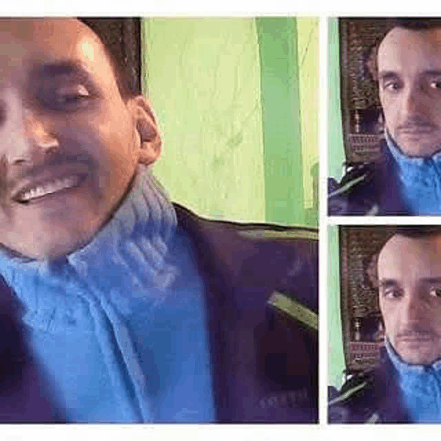 a man wearing a blue sweater and a blue jacket is smiling for the camera .
