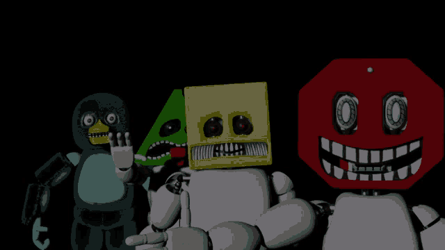 a group of cartoon characters are standing next to each other and one of them has a stop sign on his head