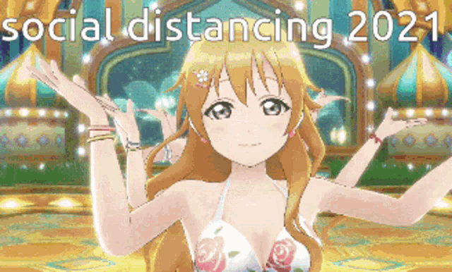 a girl in a bikini is dancing with the words social distancing 2021 behind her