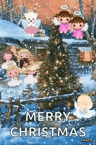 a merry christmas greeting card with angels flying around a christmas tree