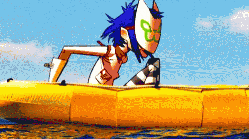 a cartoon character wearing a mask is riding a yellow raft in the water