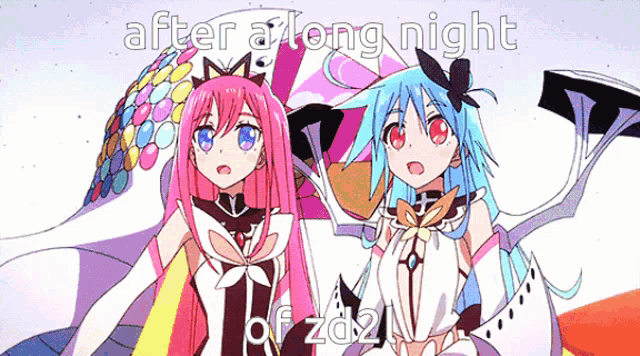 two anime girls are standing next to each other with the words after a long night written above them