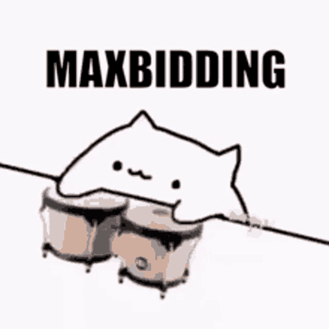 a cartoon cat is playing drums and the words `` maxbidding '' are written above it .