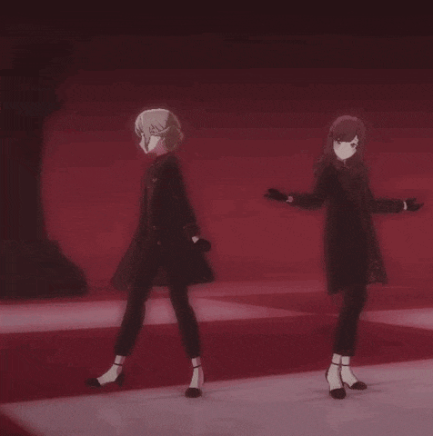 two anime girls are dancing together on a red and white checkered floor .