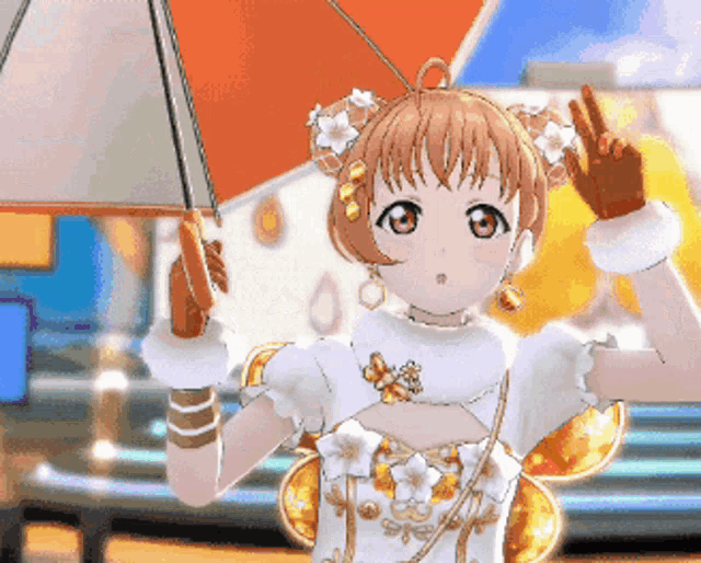 a cartoon girl is holding an umbrella and giving a peace sign