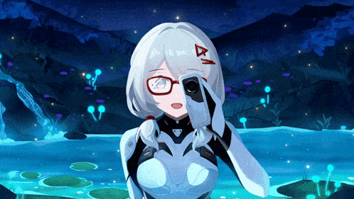 a girl with glasses and the letter a on her head holds a camera
