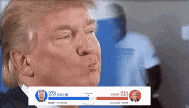 a close up of a man 's face with a picture of donald trump and joe biden .