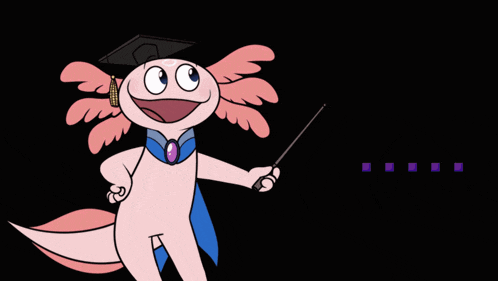 a cartoon axolotl wearing a graduation cap and tie holding a pointer