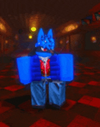 a cartoon character in a blue vest and pants