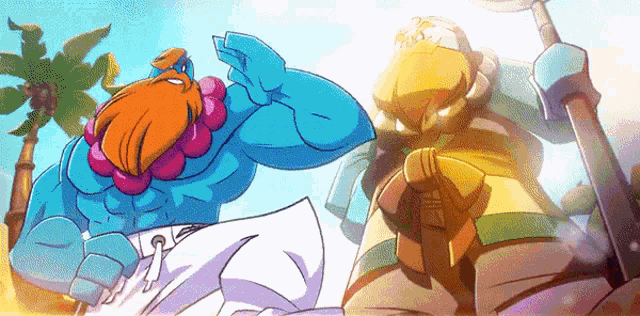 two cartoon characters are standing next to each other and one has a beard and the other has a hammer