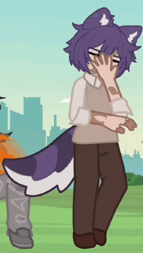 a cartoon character with purple hair is covering his face