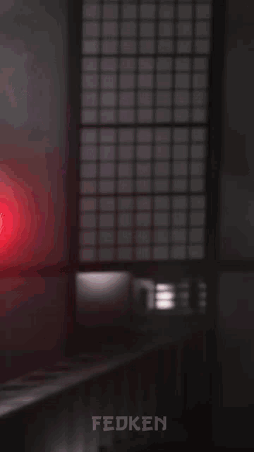 a red light is shining on a person 's head and the word fedken is below it