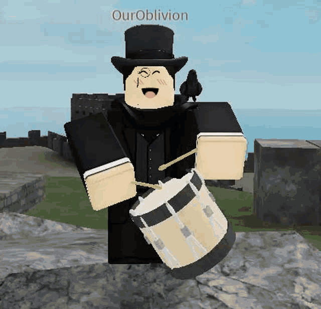 a man in a top hat is playing a drum .