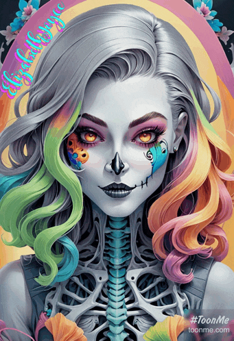 a painting of a woman with a skeleton behind her