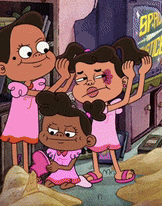 a cartoon of three girls in pink dresses standing in front of a sign that says speed